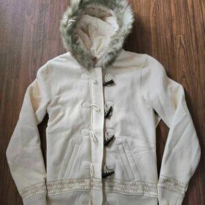 New L Cream Faux Fur Thick Heavy Warm Zip Up Button Aeropostale Hoodie Jacket